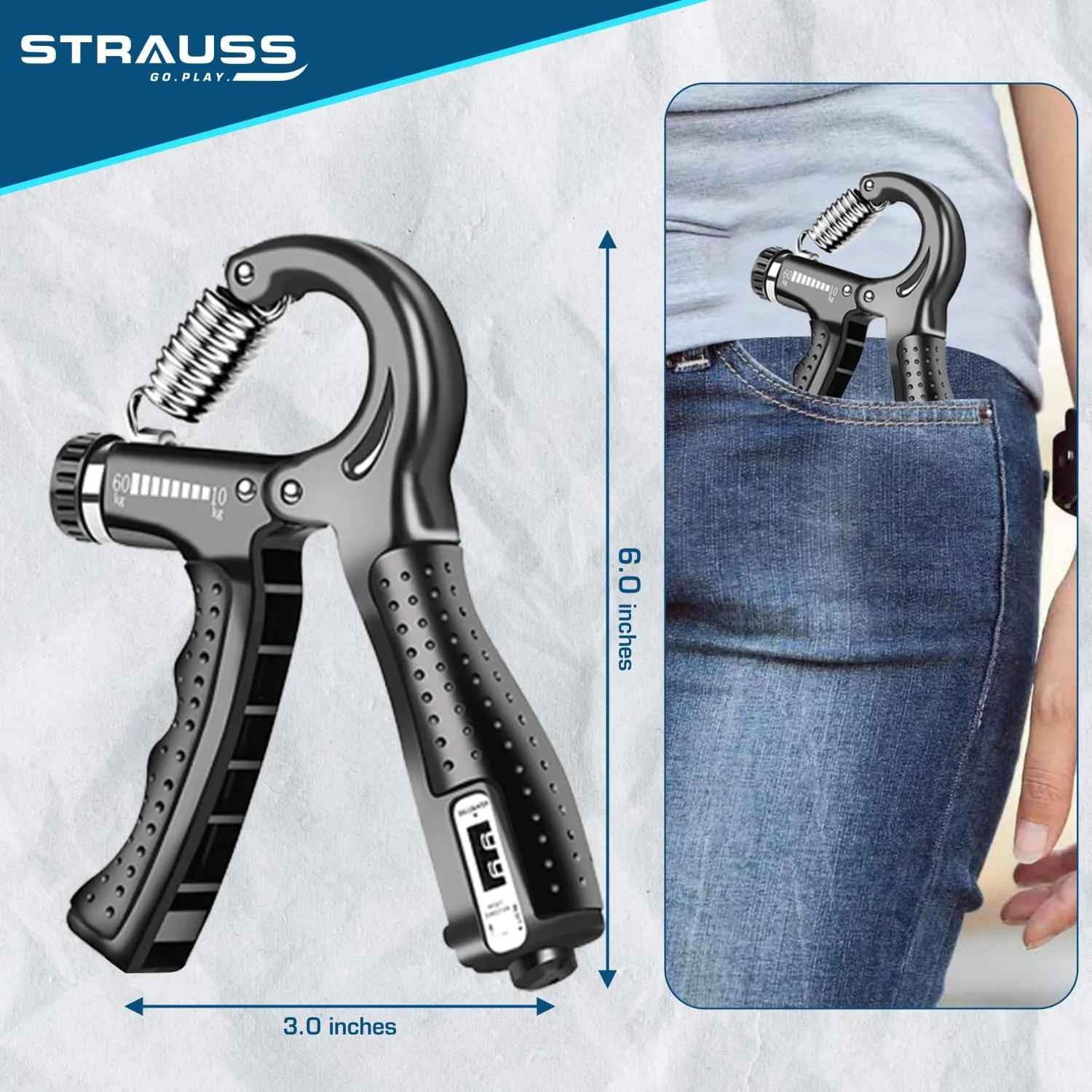 Strauss A-Shape Hand Grip with Digital Counter | Adjustable Resistance (10KG -100KG) | Hand/Power Gripper for Home & Gym Workouts | Finger & Forearm Hand Exercises & Strength Building (Black)