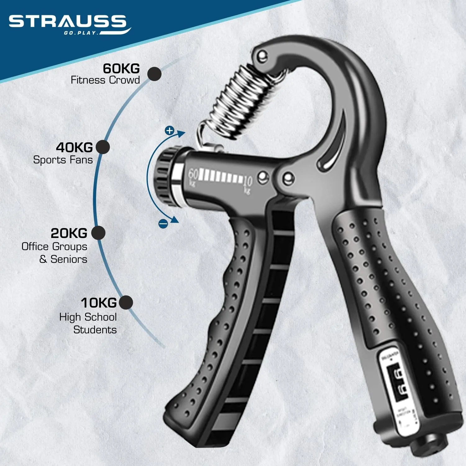 Strauss A-Shape Hand Grip with Digital Counter | Adjustable Resistance (10KG -100KG) | Hand/Power Gripper for Home & Gym Workouts | Finger & Forearm Hand Exercises & Strength Building (Black)