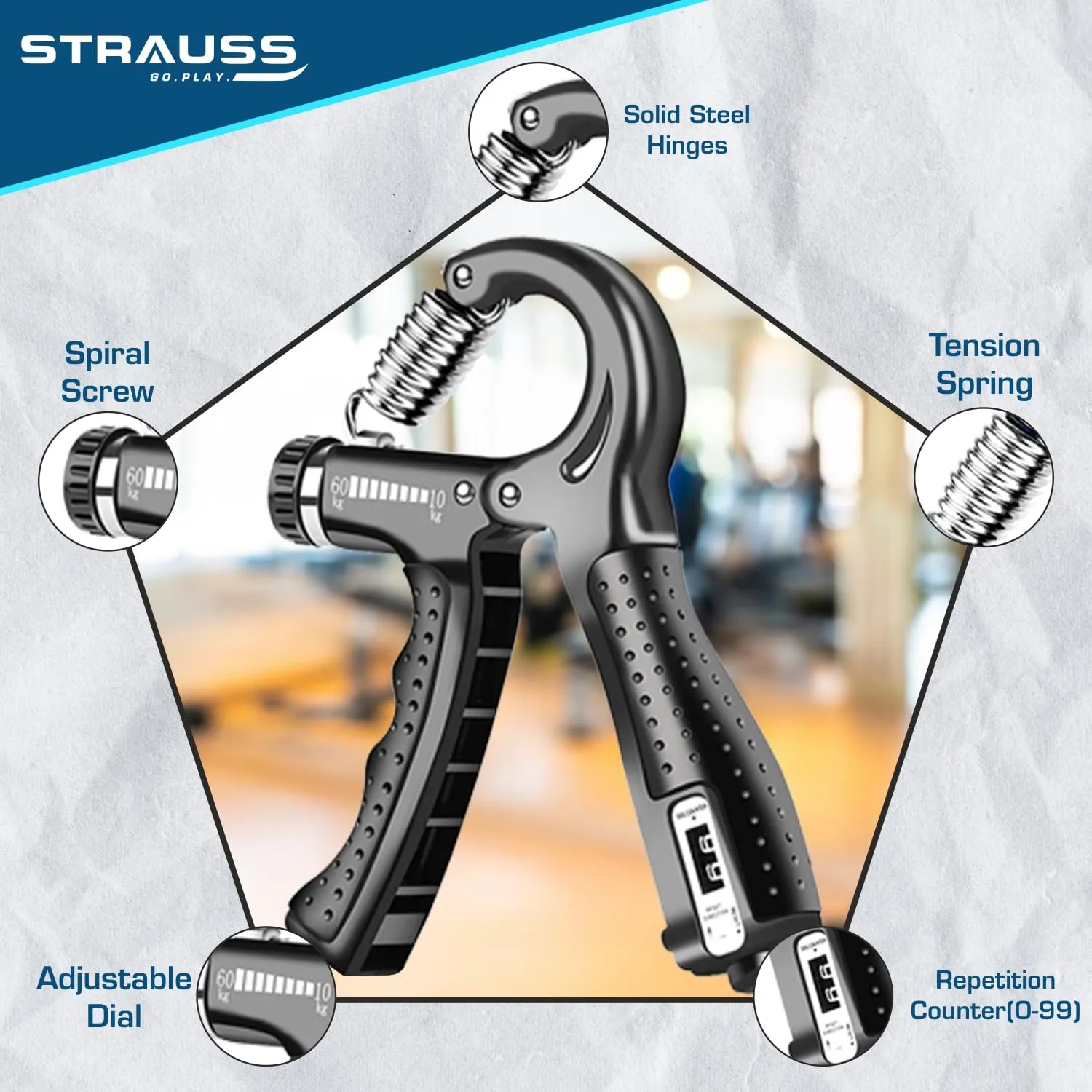 Strauss A-Shape Hand Grip with Digital Counter | Adjustable Resistance (10KG -100KG) | Hand/Power Gripper for Home & Gym Workouts | Finger & Forearm Hand Exercises & Strength Building (Black)